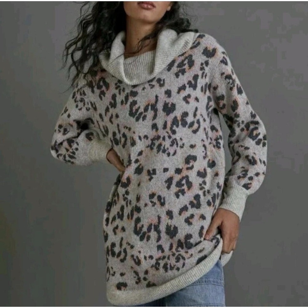 Anthropologie Emmy cowl-neck leopard print tunic sweater Ribbed Trim XS
